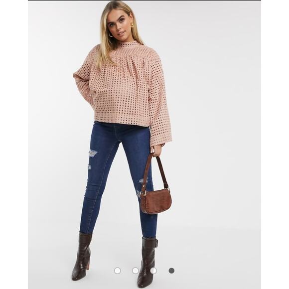 EUC ASOS maternity long sleeve smock top w/high neck & grid check broderie sz:10 - Picture 4 of 11